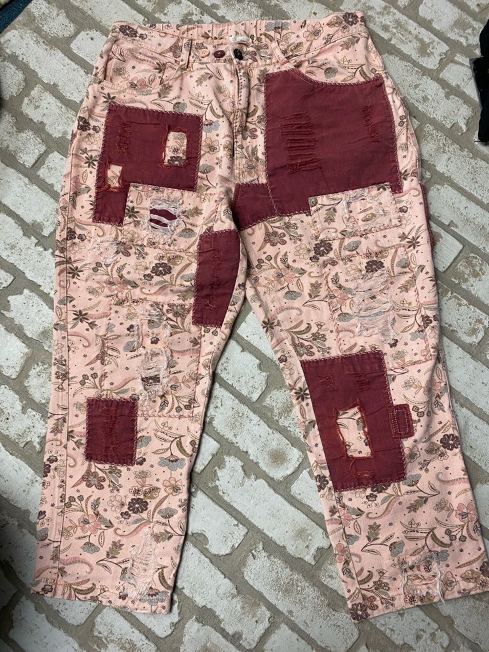 Pink Floral Cropped Patchwork Pants